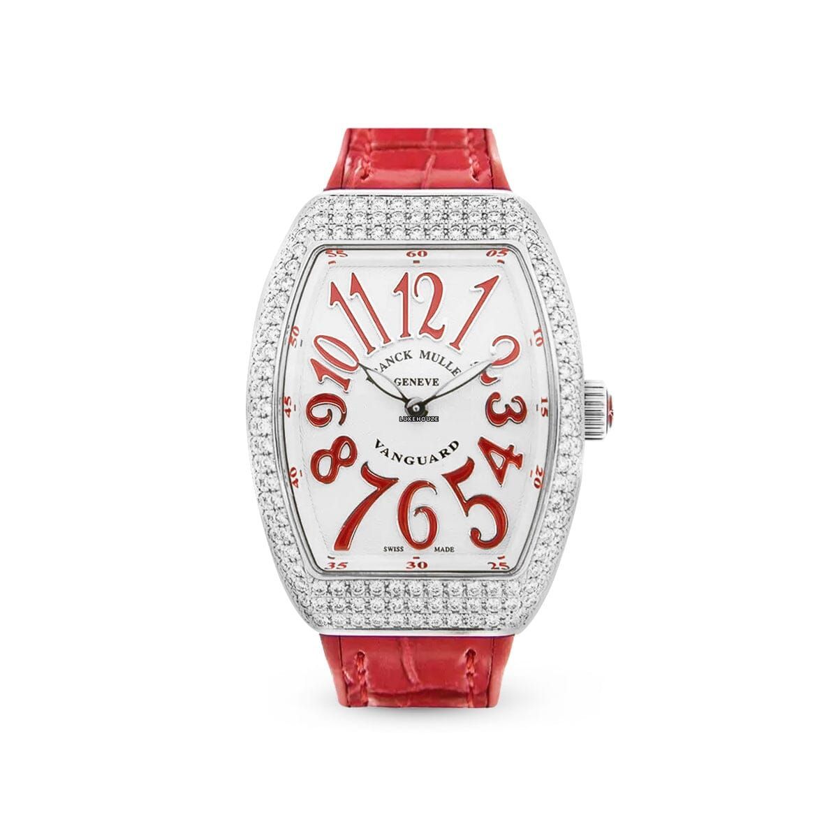 Vanguard V 32 QZ AC.RG (BLC.RGE AC) (White Dial, Red Numbers, Medium Aftersetting) Watches Franck Muller 