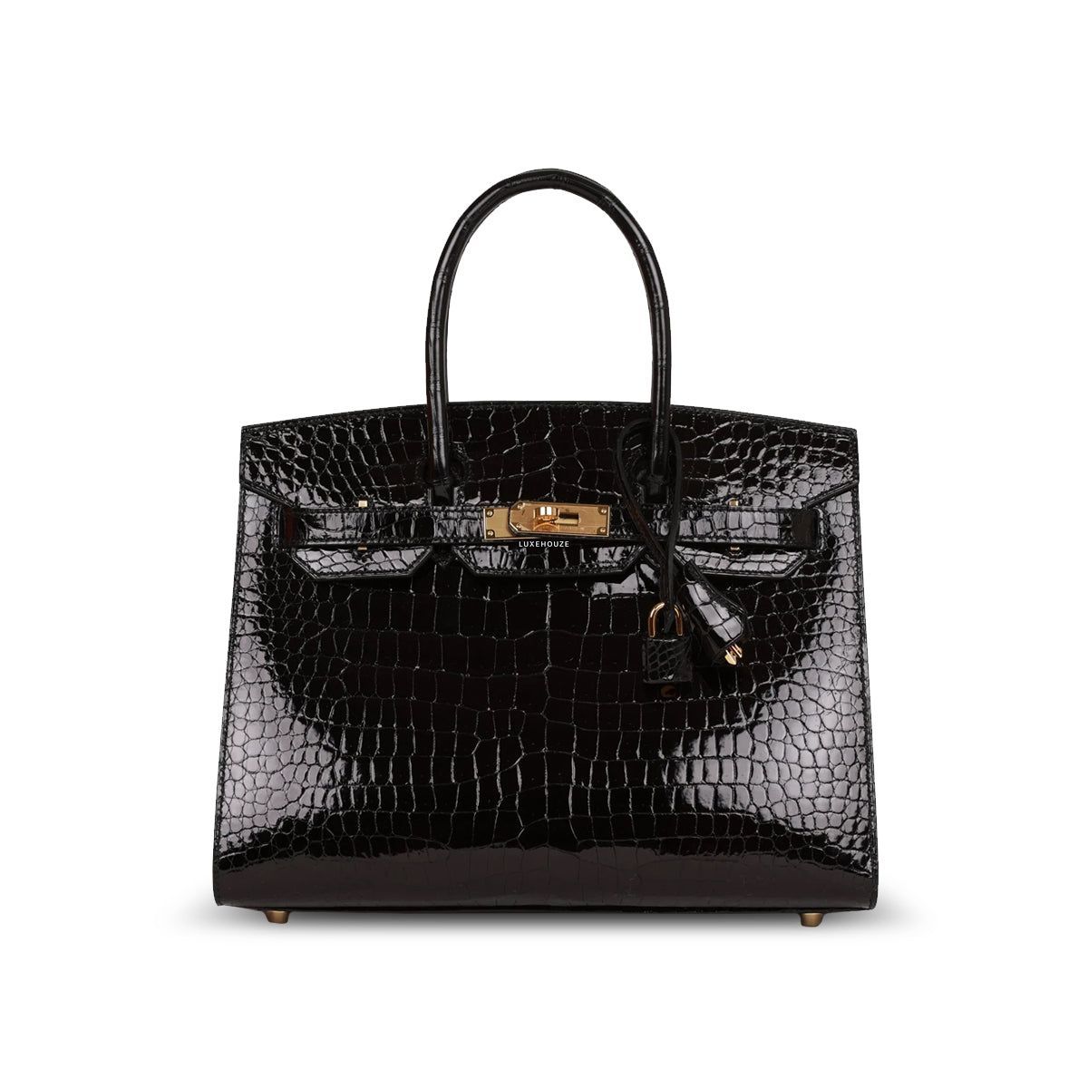 Birkin 30 Black Shiny Porosus Crocodille Sellier GHW U Handbags Hermes 