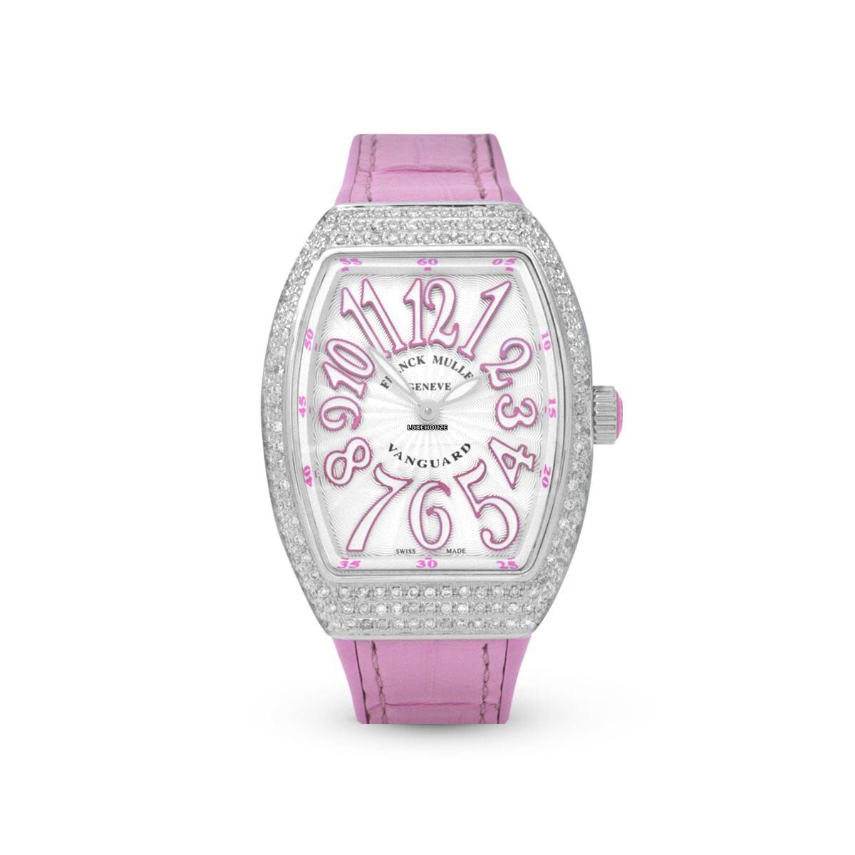 Franck Muller Vanguard V 32 QZ AC.RS (BLC.BLC RS) (White Dial, Pink Numbers, Medium Aftersetting)